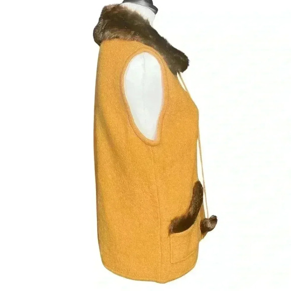 Vintage 90s Mustard 100% Boiled Wool Brown Faux Fur Collar Vest. Size Medium EUC - Picture 4 of 9